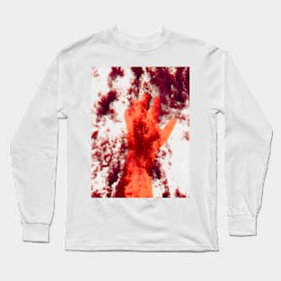 Digital collage and special processing. Psychedelic. Hand reaching on top of some bizarre surface. White, red and orange. Long Sleeve T-Shirt